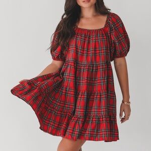 Red Plaid Tiered Babydoll Dress Puff Sleeve Holiday Christmas Boutique